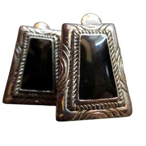 Vintage Premier USA Clip-On Earrings With Black Onyx & Ornate Silver-Toned